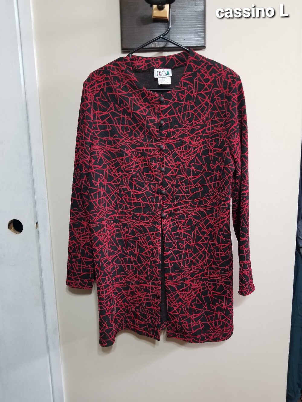 Cassino Jacket Long, Button Front - Black Red Abstract Print Large Nwotags